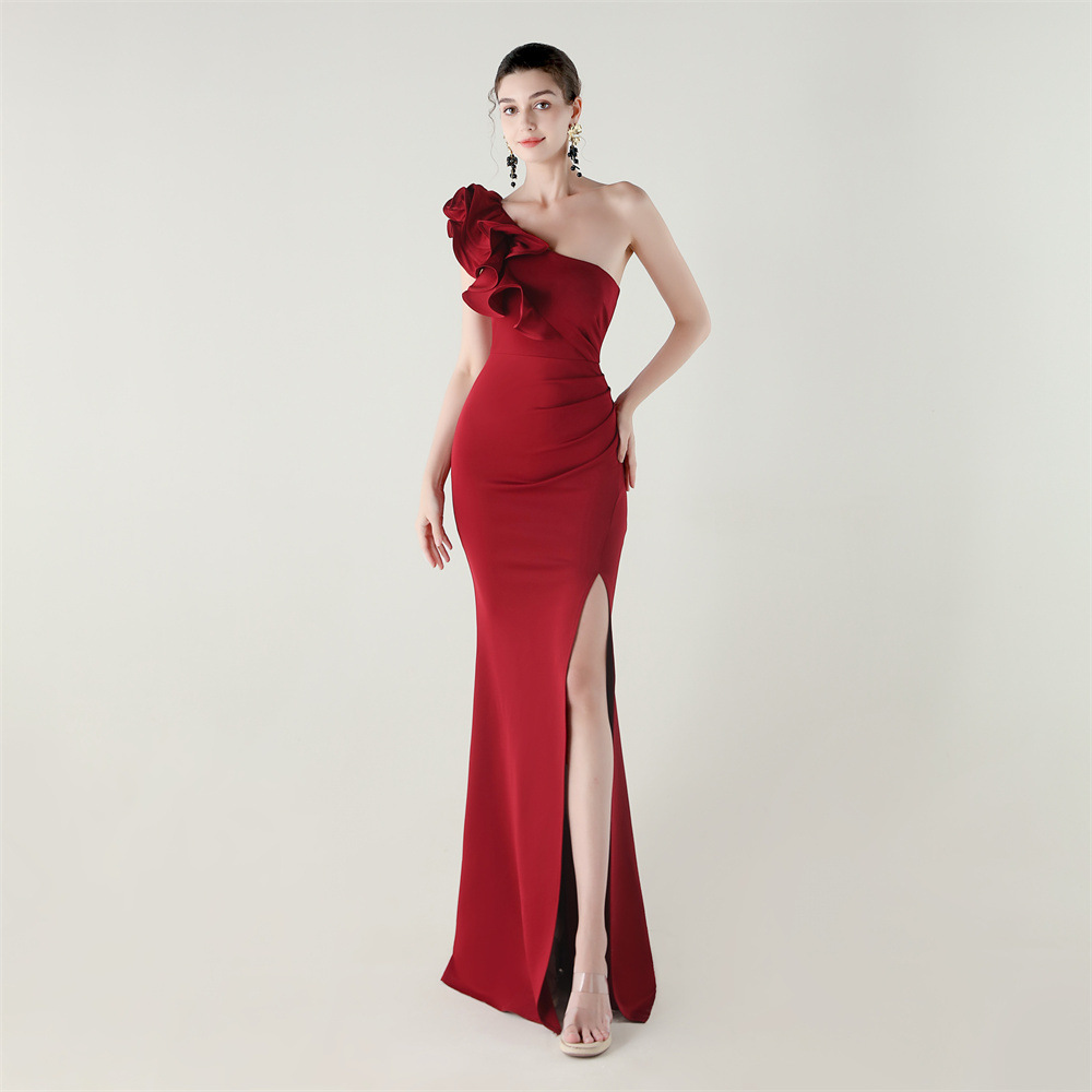 Women One-Shoulder Beaded Wool and Floral Satin Slit Sexy Evening Dress