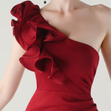 Women One-Shoulder Beaded Wool and Floral Satin Slit Sexy Evening Dress