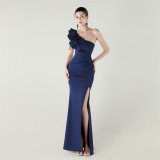 Women One-Shoulder Beaded Wool and Floral Satin Slit Sexy Evening Dress
