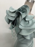 Women One-Shoulder Beaded Wool and Floral Satin Slit Sexy Evening Dress