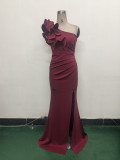 Women One-Shoulder Beaded Wool and Floral Satin Slit Sexy Evening Dress