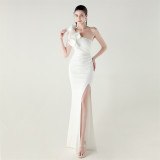 Women One-Shoulder Beaded Wool and Floral Satin Slit Sexy Evening Dress