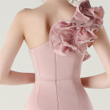 Women One-Shoulder Beaded Wool and Floral Satin Slit Sexy Evening Dress