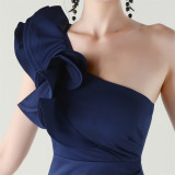 Women One-Shoulder Beaded Wool and Floral Satin Slit Sexy Evening Dress
