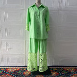 Women Spring Long-Sleeved Shirt and Patchwork Lace Pant Two-Piece Set