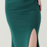 Women One-Shoulder Beaded Wool and Floral Satin Slit Sexy Evening Dress