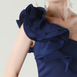 Women One-Shoulder Beaded Wool and Floral Satin Slit Sexy Evening Dress