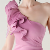 Women One-Shoulder Beaded Wool and Floral Satin Slit Sexy Evening Dress