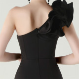 Women One-Shoulder Beaded Wool and Floral Satin Slit Sexy Evening Dress