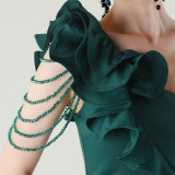 Women One-Shoulder Beaded Wool and Floral Satin Slit Sexy Evening Dress