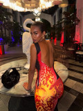Women Sexy Backless Sleeveless Floral Print Dress
