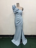 Women One-Shoulder Beaded Wool and Floral Satin Slit Sexy Evening Dress
