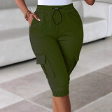 Women Summer Elastic Waist Casual Multi-Pocket Solid Capri Pants