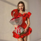 Women Sexy Off-Shoulder Strapless Solid Ruffle Summer Dress