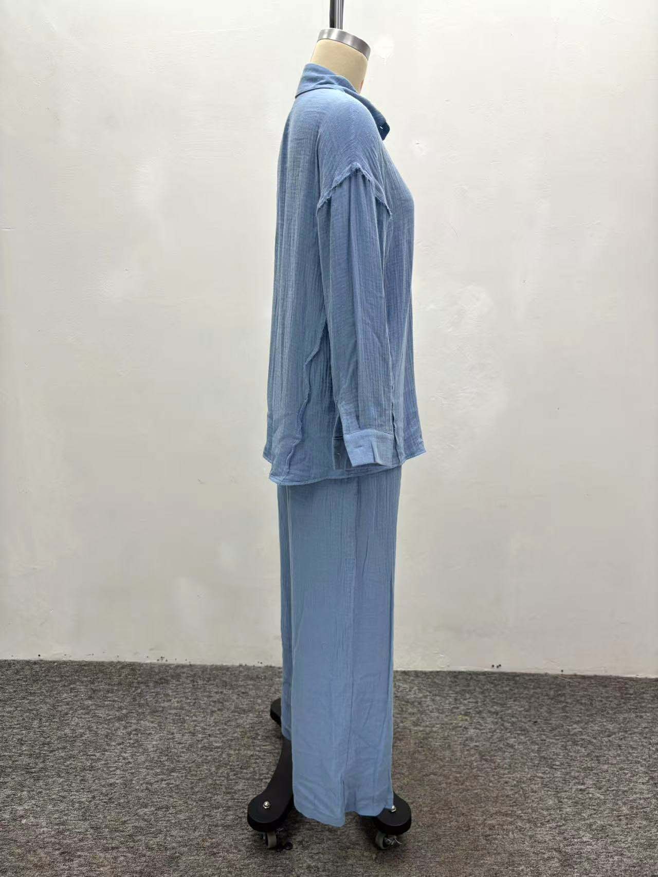 Women Turndown Collar Long-Sleeved Shirt and Pants Two-Piece Set