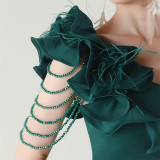 Women One-Shoulder Beaded Wool and Floral Satin Slit Sexy Evening Dress