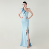 Women One-Shoulder Beaded Wool and Floral Satin Slit Sexy Evening Dress
