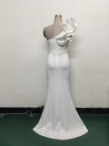 Women One-Shoulder Beaded Wool and Floral Satin Slit Sexy Evening Dress