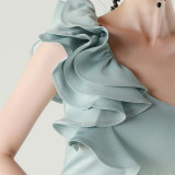 Women One-Shoulder Beaded Wool and Floral Satin Slit Sexy Evening Dress