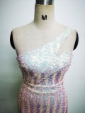Spring Elegant Bling Bling Sequins One Shoulder Sleeveless Mermaid Formal Cocktail Evening Dress