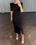 Women Puff Sleeve Floral Pleated Slit Dress