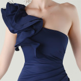 Women One-Shoulder Beaded Wool and Floral Satin Slit Sexy Evening Dress
