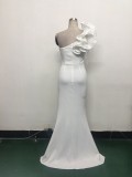 Women One-Shoulder Beaded Wool and Floral Satin Slit Sexy Evening Dress