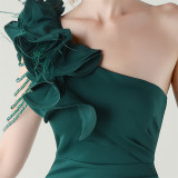 Women One-Shoulder Beaded Wool and Floral Satin Slit Sexy Evening Dress