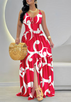 Women Orange Tropical Print Suspender Ruffled Slit Maxi Dress