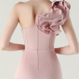 Women One-Shoulder Beaded Wool and Floral Satin Slit Sexy Evening Dress