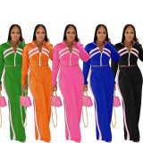 Women Style Street Zipper Contrast Patchwork Top and Pant Set