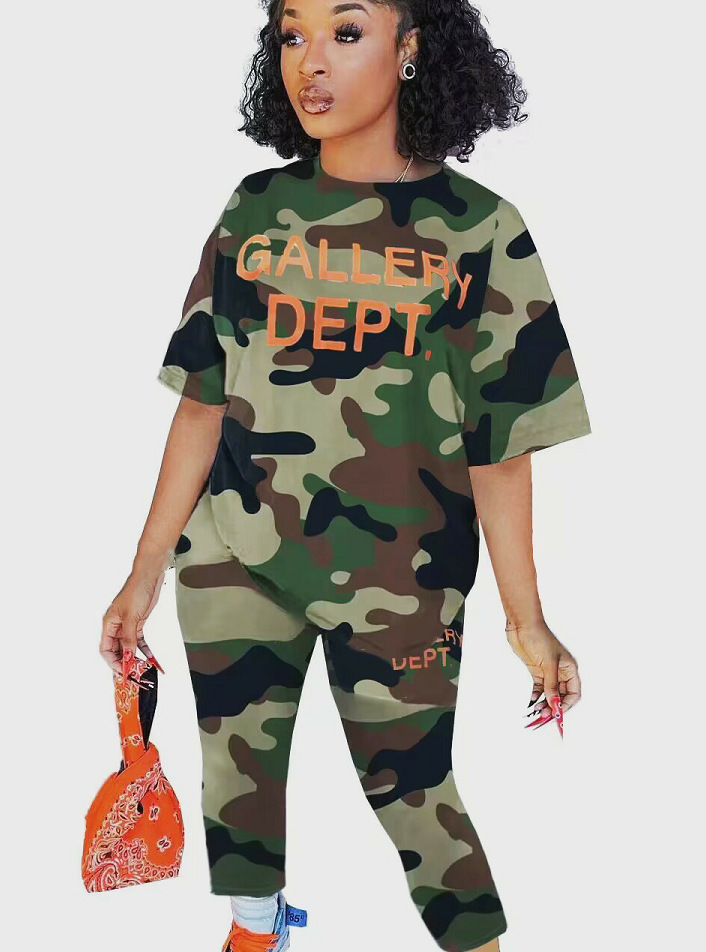 Trendy Letter-Print Camouflage Two-Piece Women's Pant Set
