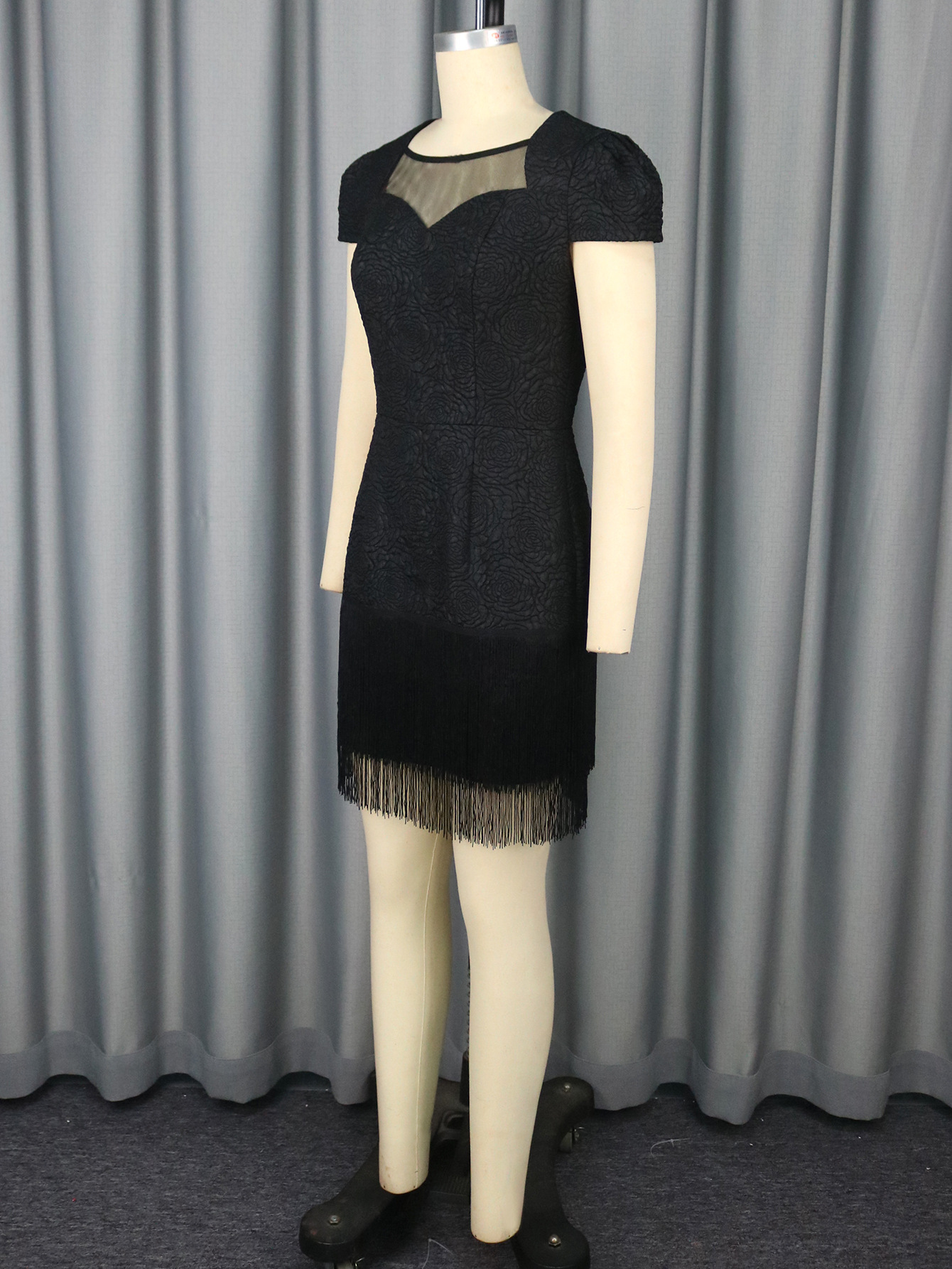 Lace Cut-Out Black Round Neck Dress Fringe Chic Formal Party Gown