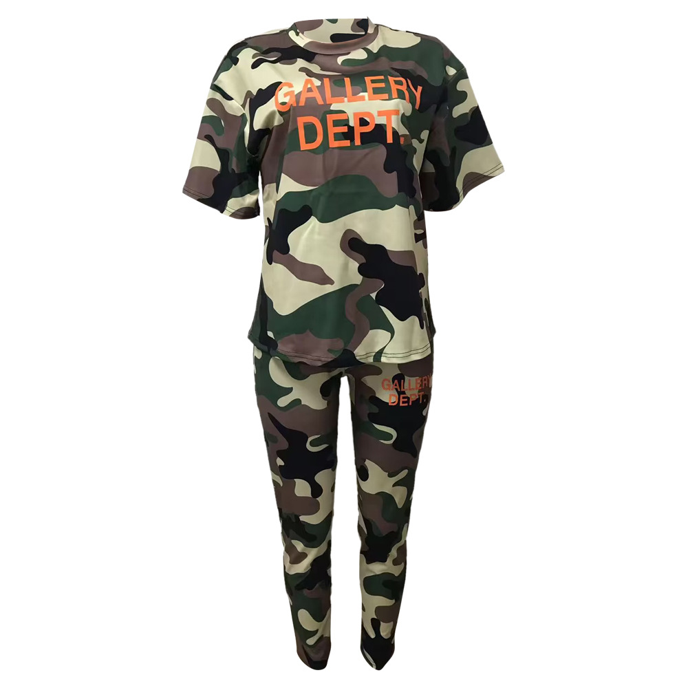 Trendy Letter-Print Camouflage Two-Piece Women's Pant Set
