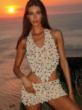 Halter Neck Two-Piece Summer Women's Sexy Low-Back Skirt Set with Shell Decor