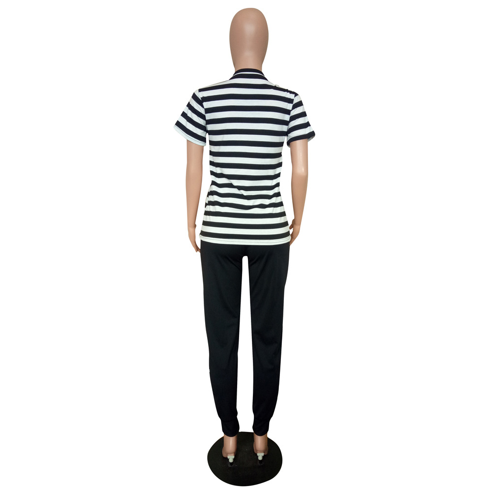 Women's Fall Fashion Black & White Striped Casual Sportswear Set