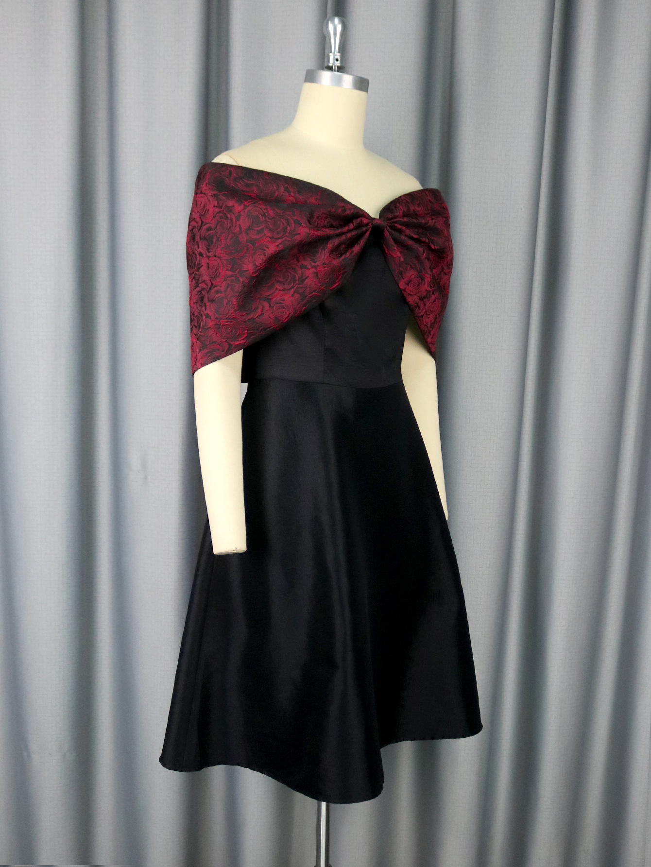 African Elegant Bow Off-Shoulder Rose Jacquard Patchwork Black Formal Party Dress
