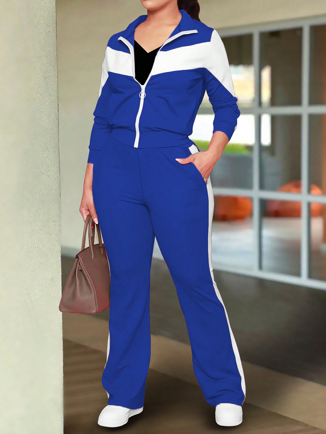 Spring/Fall Women's Trendy Color-Block Sporty Zip-Up Jacket & Casual Pants Set