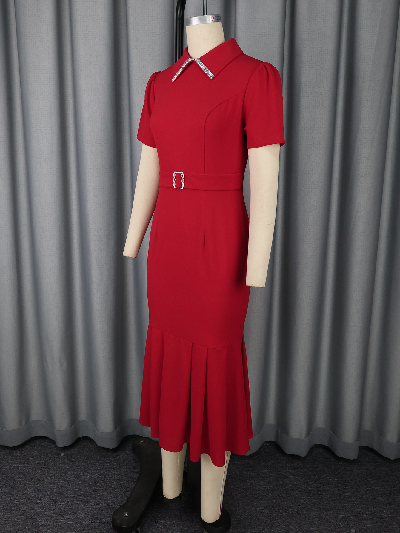 Elegant Turn-Down Collar Short-Sleeve Dress High-Waist Chic Formal Bodycon Gown