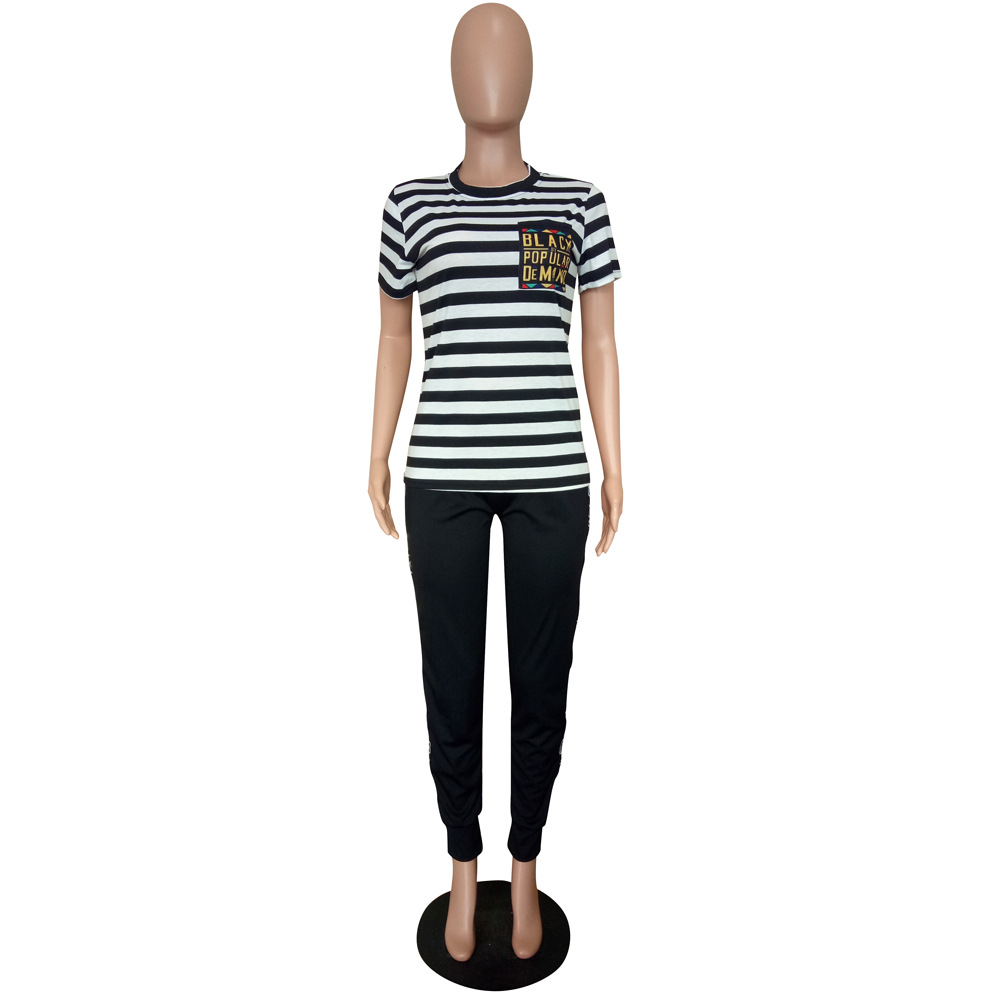 Women's Fall Fashion Black & White Striped Casual Sportswear Set