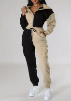 Sporty Women's Set Trendy Color-Block Cropped Hoodie & Cargo Joggers Two-Piece
