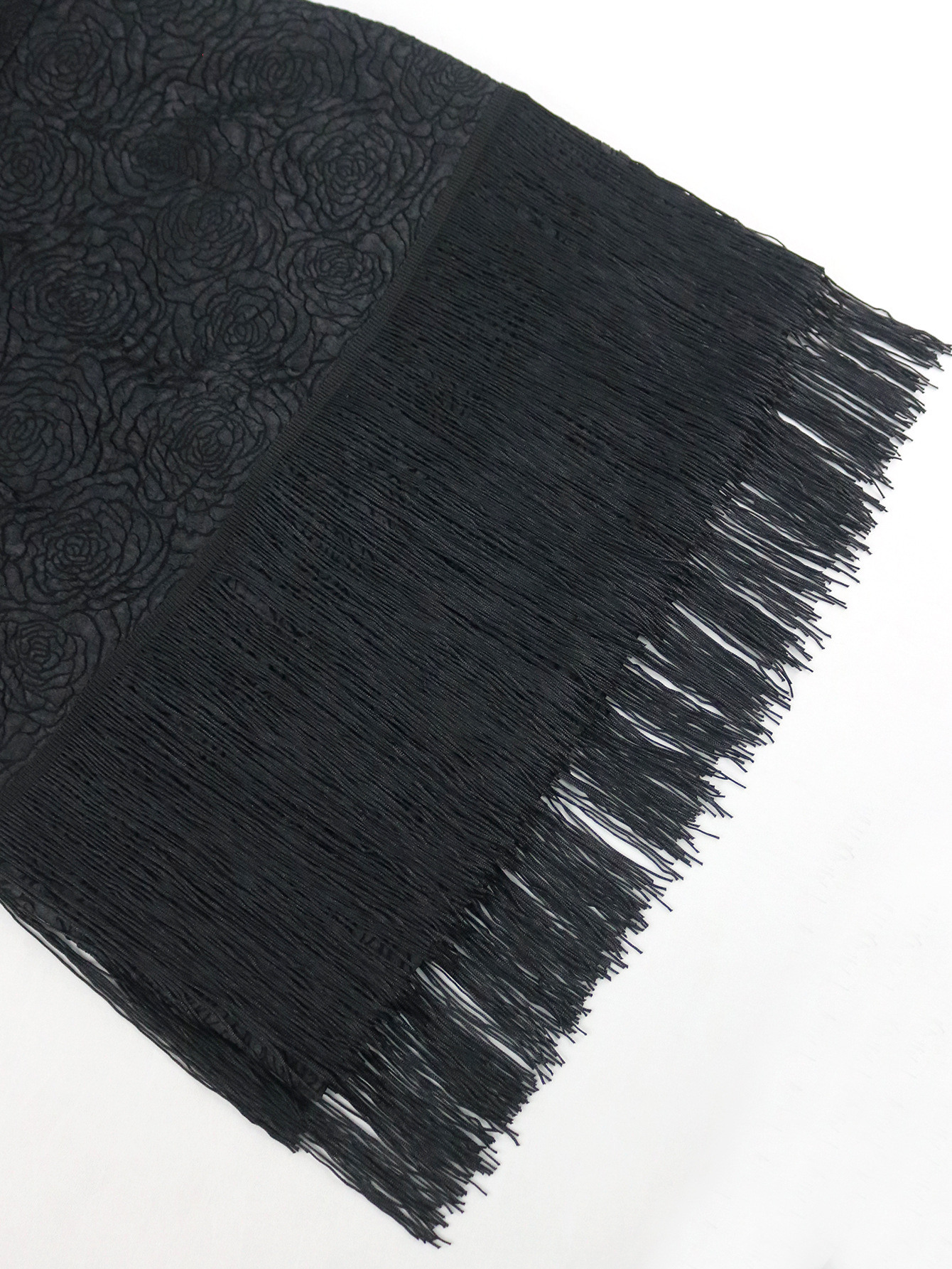 Lace Cut-Out Black Round Neck Dress Fringe Chic Formal Party Gown