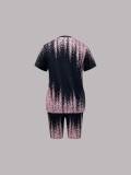 Women's Spring/Summer Geometric Stripe Round Neck T-Shirt & Tight-Fit Shorts Casual Set