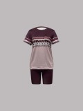 Women's Spring/Summer Geometric Stripe Round Neck T-Shirt & Tight-Fit Shorts Casual Set
