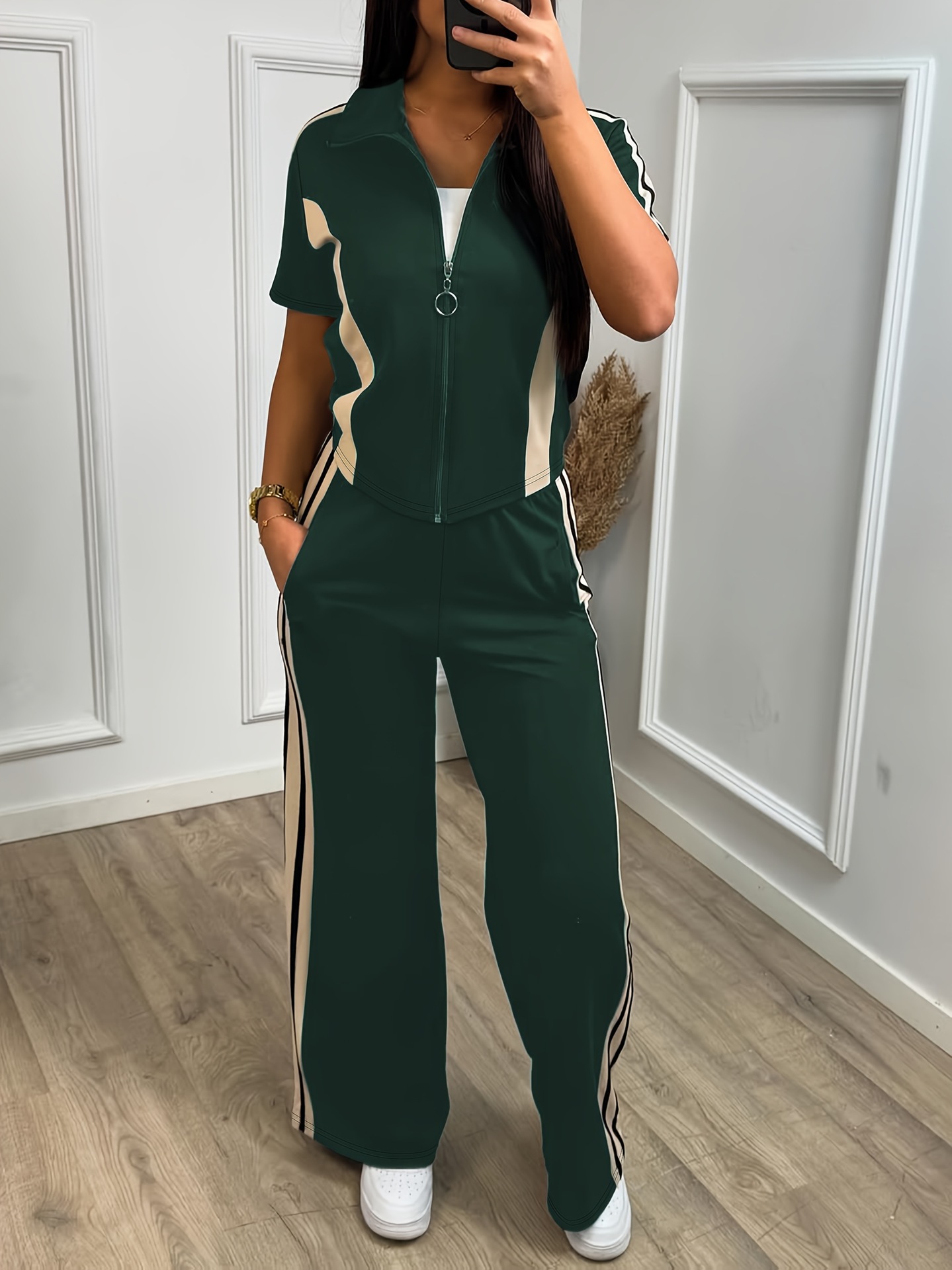 Spring/Summer Women's Casual Zip-Up Short-Sleeve Top & Elastic-Waist Pants Two Piece Set