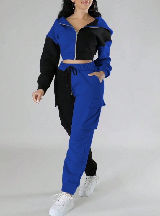Sporty Women's Set Trendy Color-Block Cropped Hoodie & Cargo Joggers Two-Piece