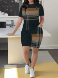 Women's Spring/Summer Geometric Stripe Round Neck T-Shirt & Tight-Fit Shorts Casual Set