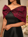 African Elegant Bow Off-Shoulder Rose Jacquard Patchwork Black Formal Party Dress