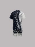 Women's Spring/Summer Geometric Stripe Round Neck T-Shirt & Tight-Fit Shorts Casual Set