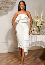 Sexy Strapless Peplum Top & Elegant White Asymmetric Bodycon Skirt Two-Piece Set